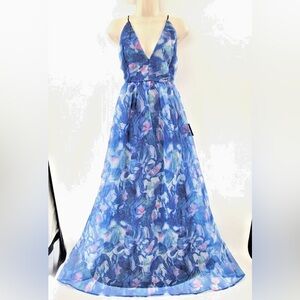 Lulu's Blue Floral V-Neck Maxi Dress with Pink Accents